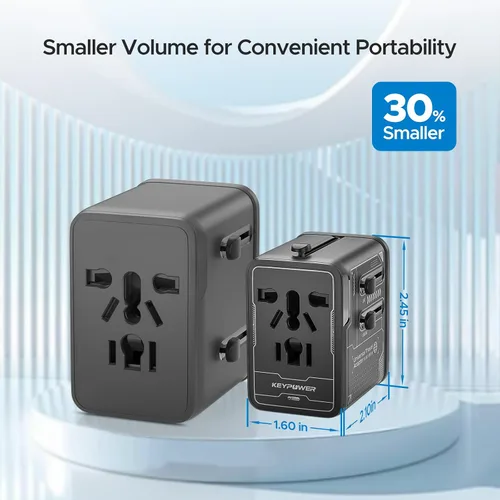 Miniatura 2 de Adaptador de viaje universal de 30 W GaN, KEY POWER Adaptador de corriente internacional todo en uno con 2 USB-C y 1 USB-A, convertidor de enchufe