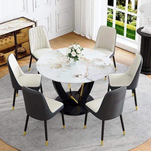 Miniatura 30 de Juego de mesa de comedor redonda para 4, mesa moderna de 48" con tapa de mármol sintético falso y pedestal brillante negro, juego de mesa de cocina