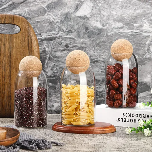 Miniatura 2 de 3 piezas de tarro de vidrio con tapa de corcho esférico decorativo, botella redonda sellada, recipiente de almacenamiento, organizador con sello