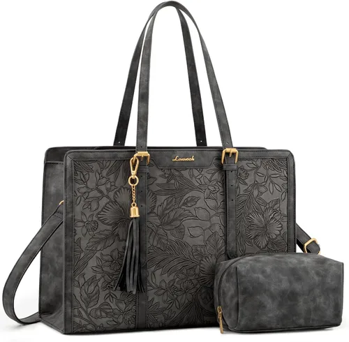 Miniatura 13 de LOVEVOOK Bolsa de mano para laptop para mujer, bolsa de trabajo vintage de 15.6 pulgadas con embrague, bolso grande de cuero para laptop con soporte