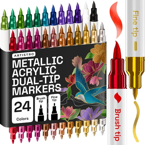 Miniatura 26 de ARTISTRO 5 marcadores de pintura acrílica negra, bolígrafos de pintura de doble punta + pincel fino ideal para caligrafía, perfectos para tela