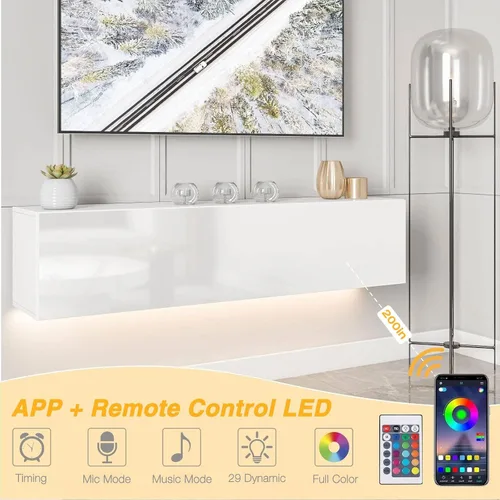 Miniatura 4 de Soporte de TV flotante con LED para TV de 60, 65, 70 pulgadas, brillante centro de entretenimiento moderno montado en la pared con almacenamiento