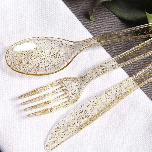 Miniatura 4 de WDF Cubiertos de plástico dorado 360, cubiertos desechables con purpurina dorada, cubiertos de plástico con 120 tenedores, 120 cucharas, 120