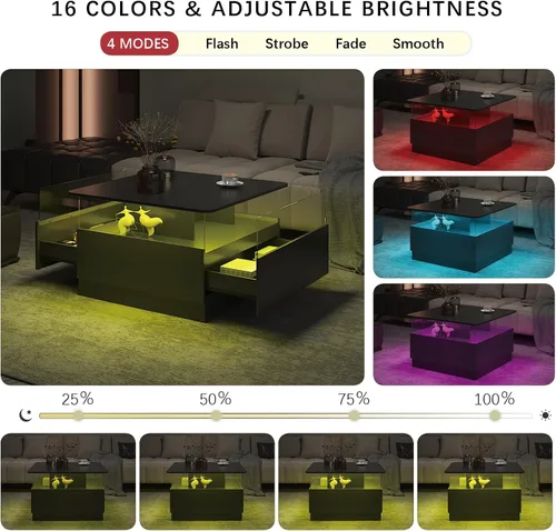 Miniatura 5 de HedoAjim Mesas de centro cuadradas con almacenamiento, mesa de centro moderna para sala de estar, mesas de centro redondas negras y 2 cajones Negro