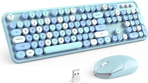 KNOWSQT Combo de teclado y ratón inalámbrico, teclados lindos de tamaño completo estilo máquina de escribir 2.4G azul colorido - receptor USB Plug