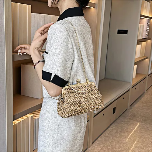 Miniatura 3 de Mini bolso de embrague tejido de paja para mujer, bolso cruzado con correa de cadena
