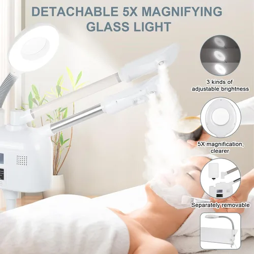 Miniatura 4 de VARIPOWDER Vaporizador facial profesional 3 en 1 para cara con boquilla caliente y fría, lámpara de aumento 5X, vaporizador facial para esteticista