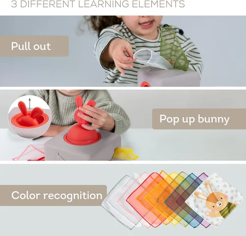 Miniatura 10 de Taf Toys Caja de pañuelos para bebé con conejito emergente - Actividad sensorial Montessori con 10 pañuelos de tela para el desarrollo motor fino