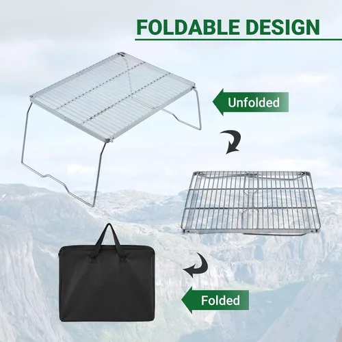 Miniatura 4 de YETO Parrilla de camping de dos alturas con patas de acero inoxidable 304 plegable para fogata sobre fuego portátil y bolsa de transporte