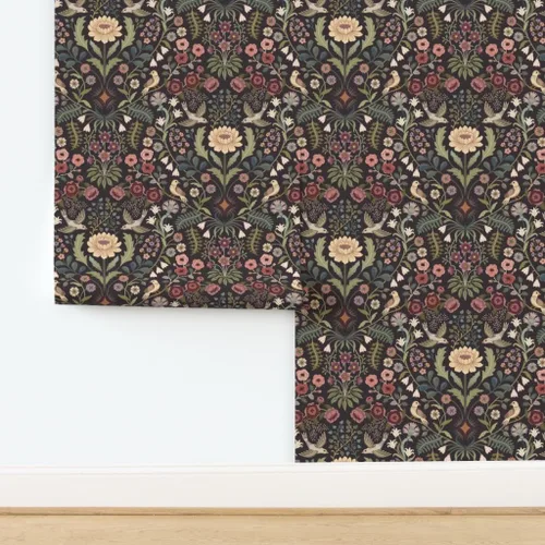 Miniatura 4 de Papel tapiz autoadhesivo para despegar y pegar, papel tapiz tradicional floral, arte popular, pájaros, verde victoriano, borgoña, extra grande