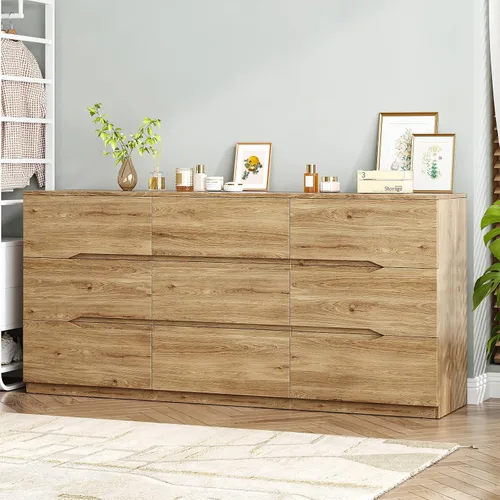 Miniatura 7 de Cómoda natural de 9 cajones para dormitorio, cómoda de 60.3 pulgadas de ancho con mango de ranura, modernos aparadores grandes con riel deslizante