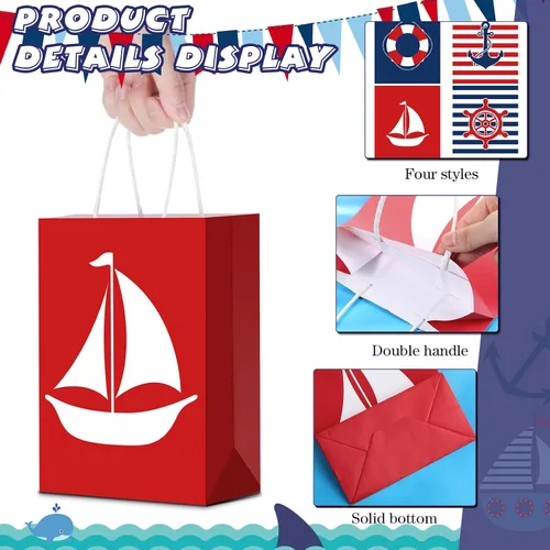 Miniatura 5 de Sepamoon Paquete de 16 bolsas de regalo náuticas, bolsas de papel para fiestas náuticas y papel de seda con asas, anclajes marinos, golosinas