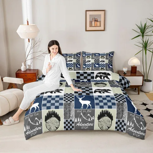 Miniatura 13 de Juego de edredón de oso y ciervo, tamaño individual, ropa de cama de animales salvajes de caza, colcha rústica de cabaña, casa de campo, cuadros