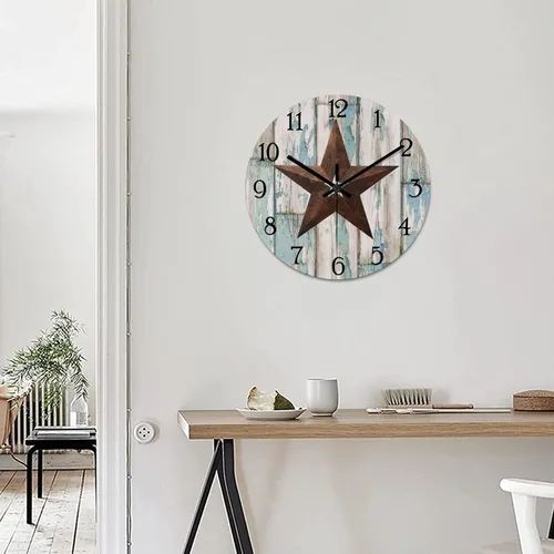 Miniatura 5 de Reloj de pared vintage con estrella de Texas occidental de madera rústica, sin tictac, silencioso, funciona con pilas, fácil de leer, elegante reloj