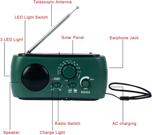 Miniatura 7 de Radio de emergencia, color verde Cargador solar y de manivela, linterna de 3 LED, banco de energía de 500 mAh, radio FM/AM, cargador de teléfono
