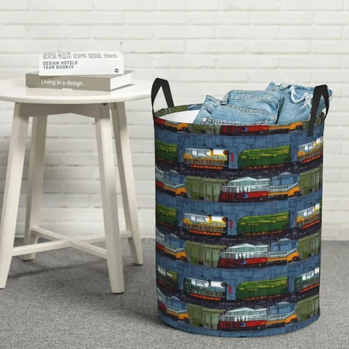 Miniatura 8 de Tren Coches Imprimir Cesto Circular Cesta Impermeable Almacenamiento Contenedor Organizador Cesta Lavandería Cesto Con Asas Para Ropa Juguetes
