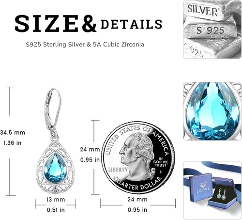 Miniatura 116 de Aretes colgantes de plata de ley con diseño de árbol de la vida, flor, abeja, animales, gato, colibrí, piedra lunar, turquesa, aretes con cierre