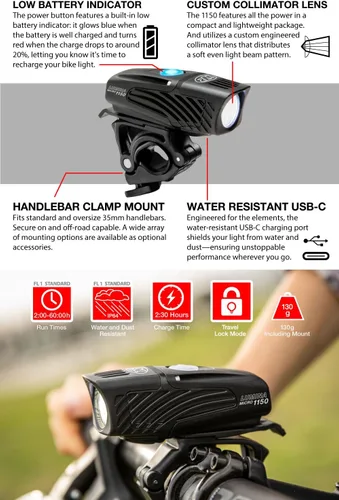 Miniatura 4 de NiteRider Lumina Micro - Luz delantera recargable USB-C de 1150 lúmenes – 5 modos de luz LED compacta, IP64 impermeable para ciclismo de carretera