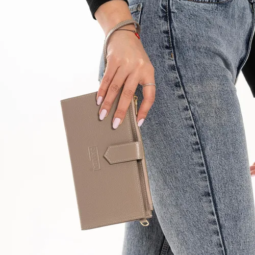 Miniatura 7 de Cartera de cuero genuino para mujer con protección RFID, cartera plegable para teléfono celular, con cremallera, diseño delgado, con múltiples