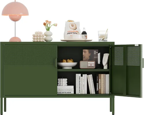 Miniatura 11 de Gabinete de almacenamiento de metal, soporte de TV de 2 puertas, gabinete de acento de malla metálica, cierre de puerta magnético, gabinetes de Negro