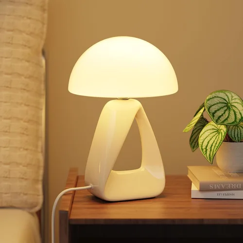 Miniatura 12 de Lámpara de hongo, pequeña lámpara de mesa para dormitorio, lámpara de noche creativa geométrica con base de cerámica, lámpara de mesa auxiliar