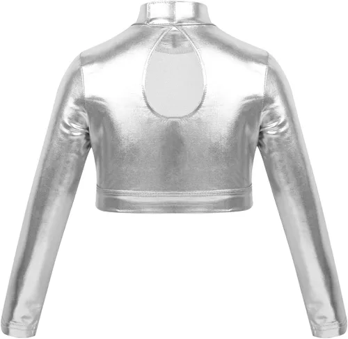 Miniatura 2 de TiaoBug Camiseta corta de manga larga con cuello alto falso para niñas y niñas, atlética, brillante, metálica, para danza, camiseta deportiva lisa