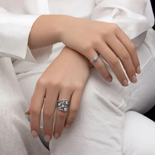 Miniatura 4 de Anillo de plata de ley 925 con 3 ópalo redondo azul y 4 circonitas cúbicas redondas blancas, aspecto vintage bohemio, hipoalergénico, sin níquel ni