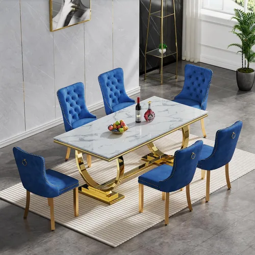 Miniatura 21 de Juego de mesa de comedor de mármol de 5 piezas para 4, mesa de cocina de lujo de 68 pulgadas de mármol negro dorado con 4 sillas tapizadas