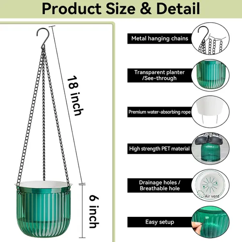 Miniatura 2 de ZeeDix Paquete de 3 macetas colgantes de 6.5 pulgadas para plantas de interior, macetas colgantes de riego automático con 3 ganchos y drenaje