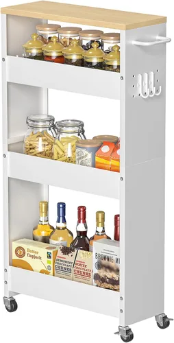 Miniatura 9 de CHLORYARD Carrito de almacenamiento delgado, carrito de cocina de 4 niveles, armario de almacenamiento estrecho con asa y ruedas, unidad de estante