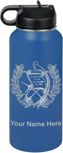 Miniatura 51 de LaserGram Botella de agua personalizada, bandera de Guatemala, acero inoxidable de doble pared aislada al vacío con popote superior, regalo grabado