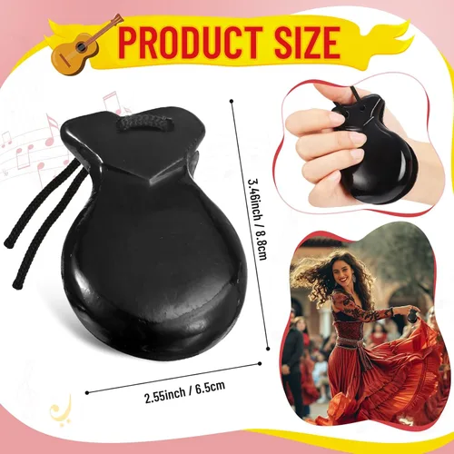 Miniatura 2 de Paquete de 2 castañuelas españolas de flamenco con cuerda, castañuelas de percusión de mano de madera tradicional para adultos, instrumento musical