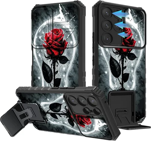 Miniatura 661 de Funda para Samsung Galaxy S22 Ultra 5G, Galaxy S22 Ultra con cubierta de cámara deslizante, funda resistente de doble capa con función atril Black