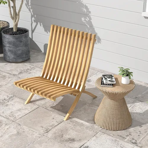 Miniatura 2 de Tangkula Silla plegable de madera de teca, silla de bistró para exteriores sin montaje con asiento y respaldo de rejillas, silla de hoguera