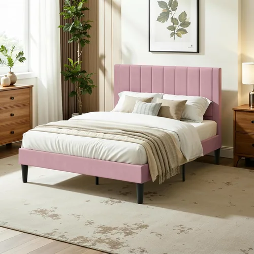Miniatura 10 de IMUsee Base de cama tapizada de terciopelo de tamaño matrimonial con cabecero, listones de madera fuertes, somier opcional, base de colchón, fácil