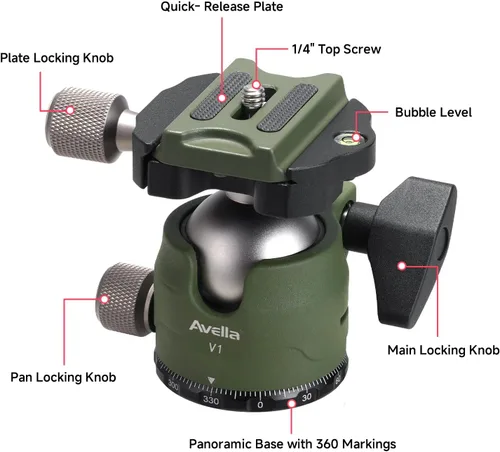 Miniatura 2 de AVELLA V1 - Trípode de cámara DSLR con cabezal de bola de 38MM, giro de 360 grados, diseño de ranura en U, para cámaras Canon Nikon Sony Olympus