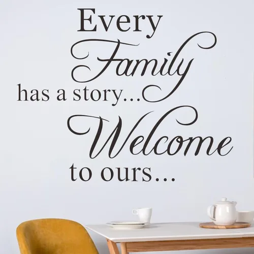 Miniatura 5 de Vinilo decorativo para pared con texto en inglés «Every Family Has a Story» con frase «Welcome to ours»