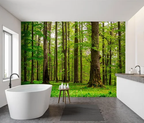 Miniatura 3 de Papel tapiz de tela con diseño de paisajes forestales verdes, bosques, árboles, sala de estar, dormitorio, baño, selva, mural de pared - 91 x 65