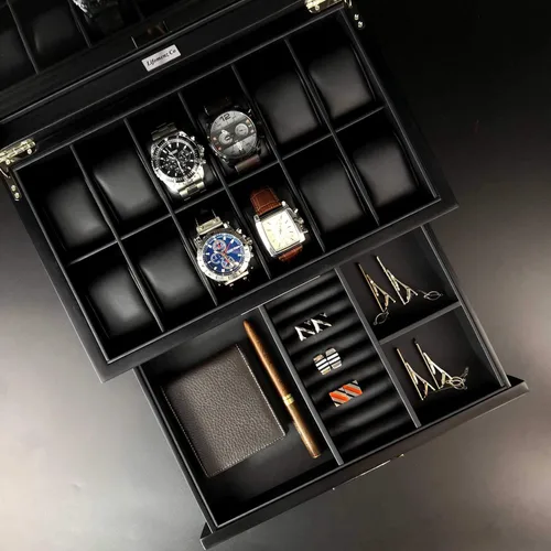 Miniatura 9 de Lifomenz Co Caja de reloj de madera para hombre organizador de joyas con cajón de valet 12 ranuras para reloj organizador de accesorios para hombre