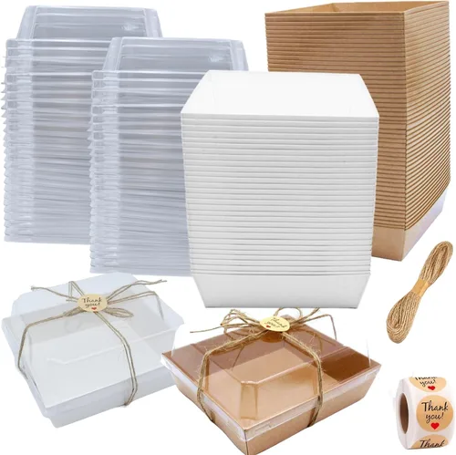 Paquete de 100 cajas de charcutería con tapas transparentes, recipientes desechables para postres de panadería, cajas para llevar con cordel y