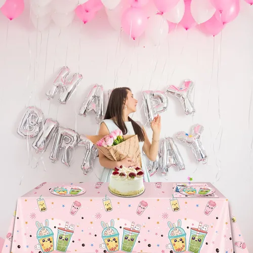 Miniatura 6 de Boba Tea Party Decor Bubble Tea Birthday Vajilla desechable para fiesta, platos y servilletas, juego de mantel para decoración de cumpleaños