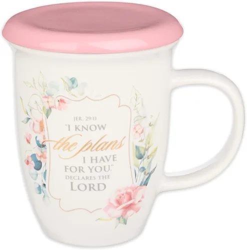 Miniatura 8 de Taza de café de cerámica floral de rosa de Christian Art Gifts con tapa púrpura – 13 oz. Taza de café y té inspiradora sin plomo ni cadmio