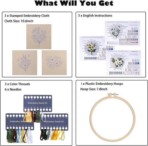 Miniatura 3 de Kit de bordado para principiantes, kits de punto de cruz para adultos, manualidades, 3 piezas, patrón de bordado, hilo de bordado de tela y agujas