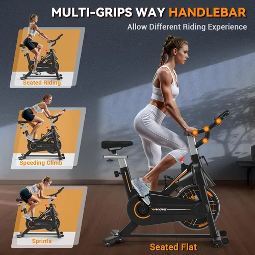 Miniatura 8 de Bicicleta estática Wenoker para el hogar, bicicleta de interior compatible con aplicaciones con asiento ajustable y manillar multiagarre, ruedas