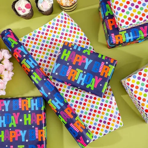 Miniatura 4 de woric Papel de regalo reversible de cumpleaños para niños y niñas, 17 pulgadas x 36 pies, papel de regalo con letras de feliz cumpleaños para azul