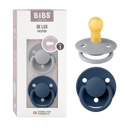 BIBS De Lux - Paquete de 2 chupetes para bebé, fabricados en Dinamarca, chupete simulado sin BPA, pezón redondo. látex de goma natural, talla 1 (0-6