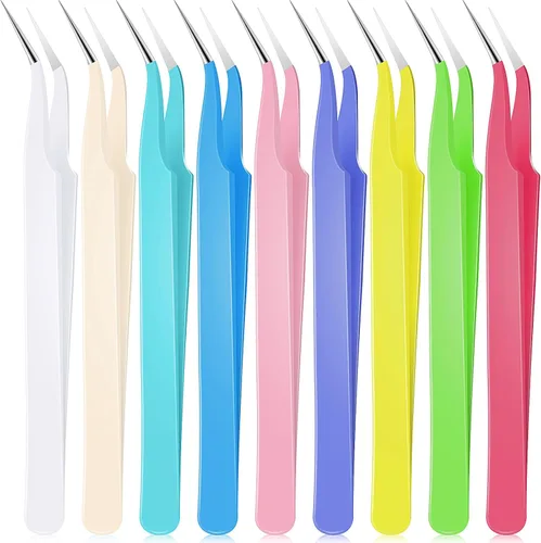 Miniatura 8 de Honoson 9 pinzas curvadas puntiagudas para manualidades, pinzas de precisión de acero inoxidable con cubierta protectora para diamantes