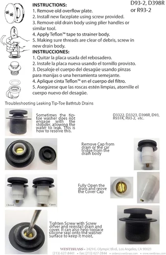 Miniatura 13 de Westbrass D93K-62 Tapón de drenaje de punta de bañera de repuesto de rosca fina o gruesa con placa frontal de 2 agujeros, negro mate Mate negro