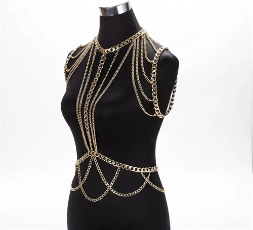 Miniatura 3 de Cadenas de cuerpo para mujer, cadena de hombro de metal grueso dorado, collar de cadena de hombro, arnés de decoración de vestido, cadena de cintura