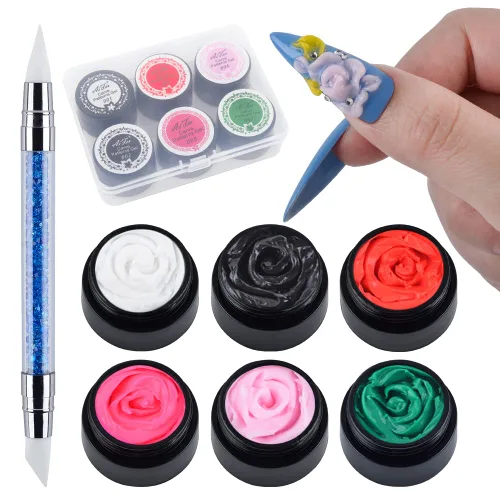 Gel de escultura 3D de 6 colores para tallado de uñas, kit de decoración de arte de uñas, pintura de arte de uñas tallada para remojar el esmalte de